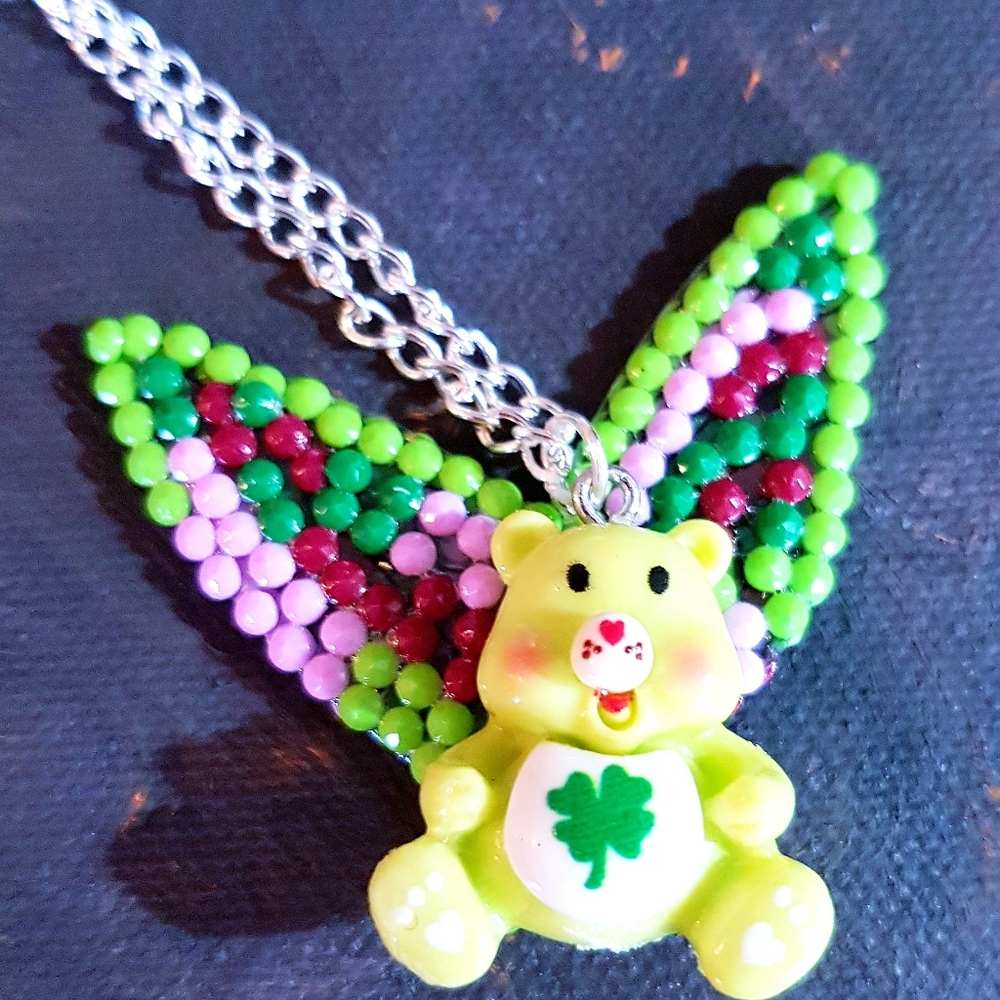 The Lucky Ones Green Bear Necklace Fairy Beary Collection Beaded Handmade (L)